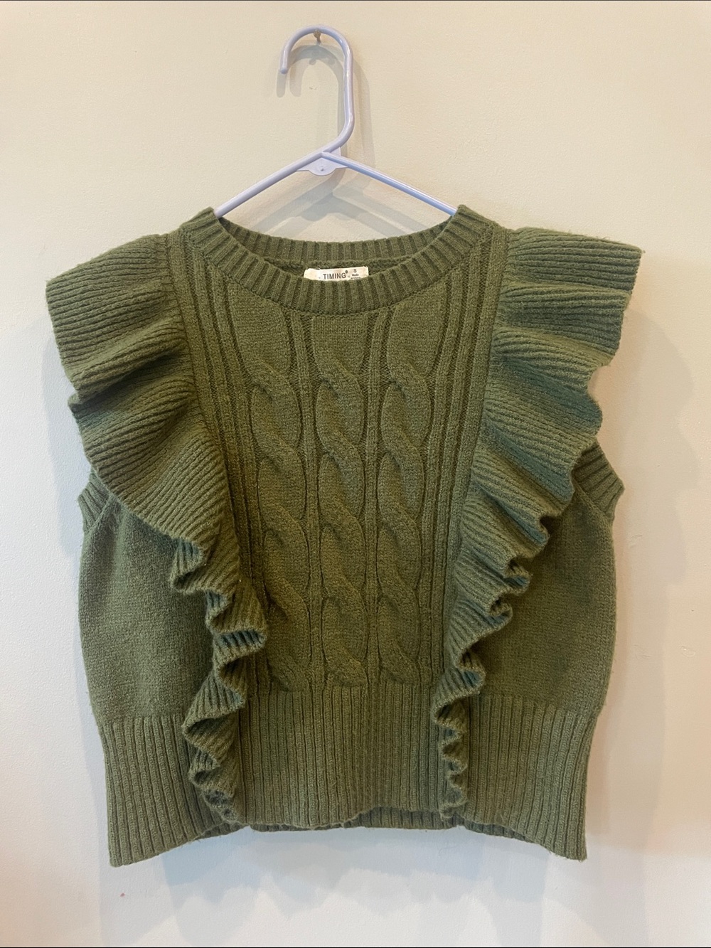 Timber Green Ruffle Cable Knit Women's Sweater sleeveless Vest small